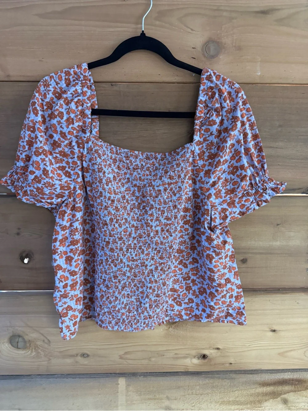 Madewell Light Blue and Rust Floral Puff-Sleeve Square-Neck Top